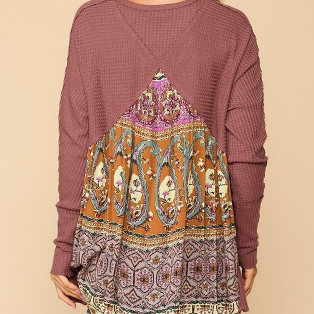 Waffle knit tunic top with decorative back